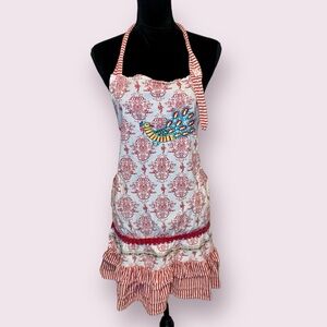 Sur La Table Peacock Embroidered Apron Red & White